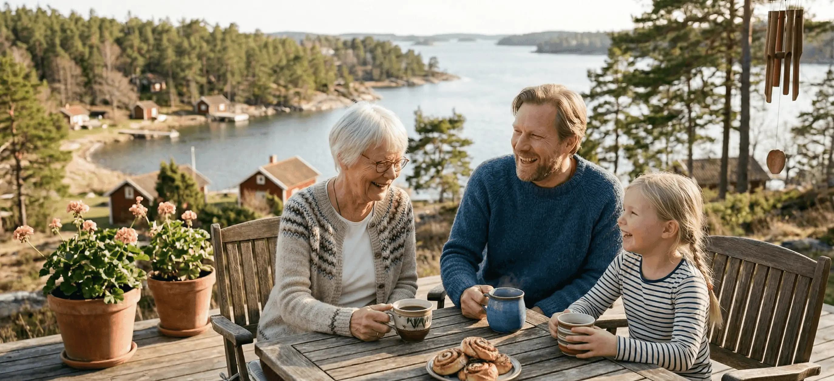 Familj samlad runt köksbordet i ett varmt hem